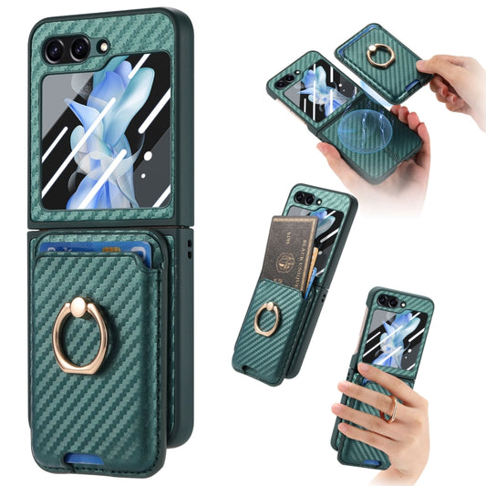 For Samsung Galaxy Z Flip6 Carbon Fiber Ring Card Bag Magsafe Phone Case(Green) - Galaxy Z Flip6 5G Cases by buy2fix | Online Shopping UK | buy2fix