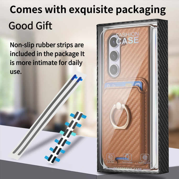 For Samsung Galaxy Z Fold6 Carbon Fiber Ring Card Bag Magsafe Phone Case(Brown) - Galaxy Z Fold6 5G Cases by buy2fix | Online Shopping UK | buy2fix