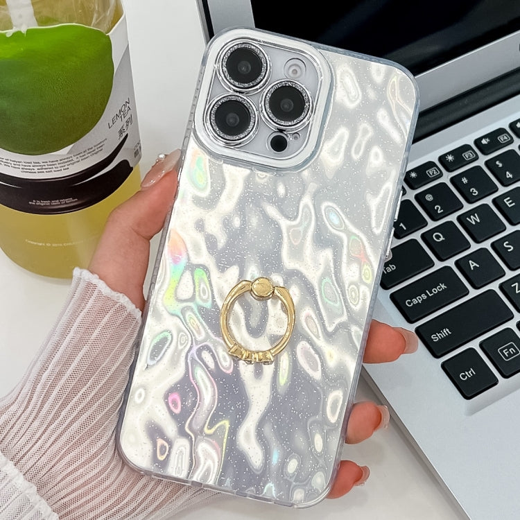 For iPhone 16 Pro Max Plating Glitter Texture Ring Holder TPU Phone Case with Lens Film(White Wrinkles) - More iPhone Cases by buy2fix | Online Shopping UK | buy2fix