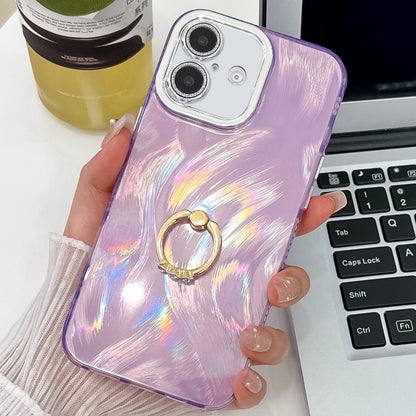 For iPhone 16 Plus Plating Glitter Texture Ring Holder TPU Phone Case with Lens Film(Purple Feather Yarn) - iPhone 16 Plus Cases by buy2fix | Online Shopping UK | buy2fix