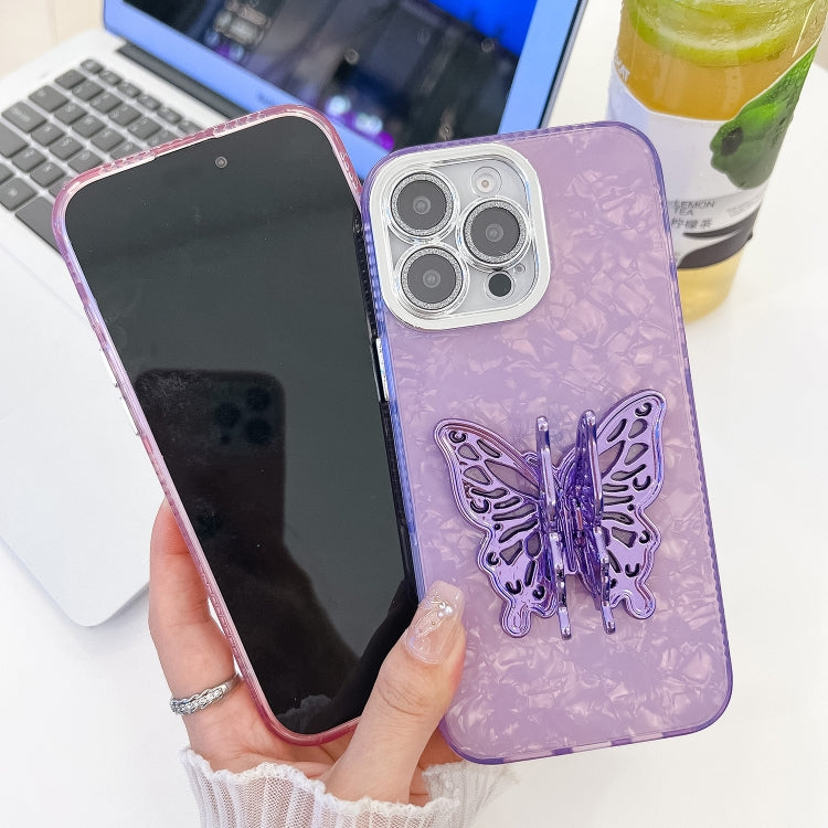 For iPhone 16 Plating Glitter Texture Butterfly Holder TPU Phone Case with Lens Film(White Tinfoil Texture) - iPhone 16 Cases by buy2fix | Online Shopping UK | buy2fix