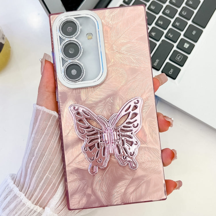 For Samsung Galaxy S25+ 5G Plating Glitter Texture Butterfly Holder TPU Phone Case with Lens Film(Pink Feathers) - Galaxy S25+ 5G Cases by buy2fix | Online Shopping UK | buy2fix