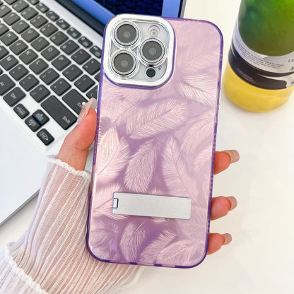 For iPhone 16 Pro Plating Glitter Texture Fold Holder TPU Phone Case with Lens Film(Purple Feathers) - iPhone 16 Pro Cases by buy2fix | Online Shopping UK | buy2fix