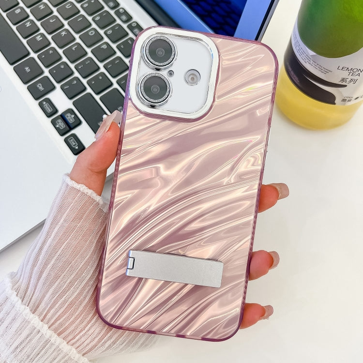 For iPhone 16 Plating Glitter Texture Fold Holder TPU Phone Case with Lens Film(Pink Water Ripples) - iPhone 16 Cases by buy2fix | Online Shopping UK | buy2fix