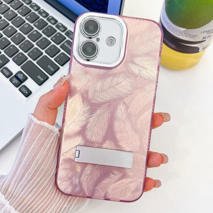 For iPhone 16 Plating Glitter Texture Fold Holder TPU Phone Case with Lens Film(Pink Feathers) - iPhone 16 Cases by buy2fix | Online Shopping UK | buy2fix