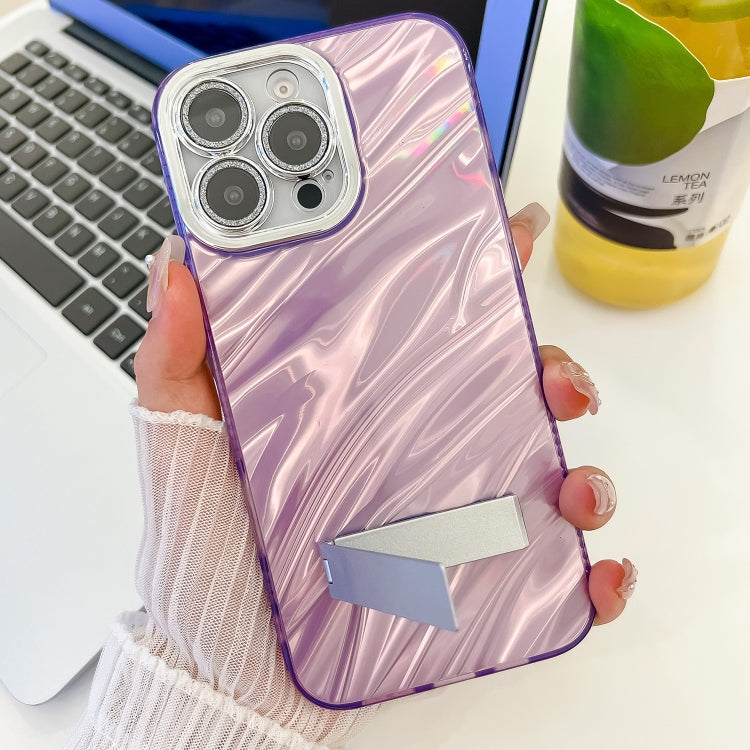 For iPhone 16 Plating Glitter Texture Fold Holder TPU Phone Case with Lens Film(White Wrinkles) - iPhone 16 Cases by buy2fix | Online Shopping UK | buy2fix