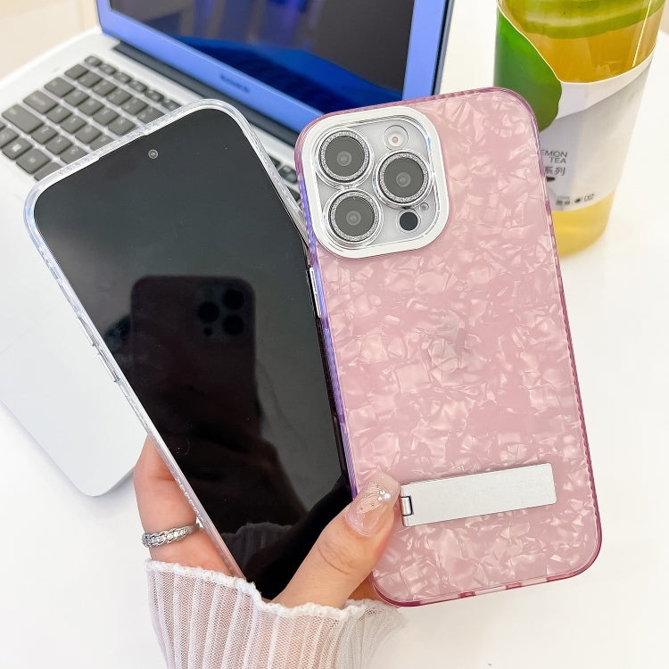 For iPhone 16 Pro Max Plating Glitter Texture Fold Holder TPU Phone Case with Lens Film(White Feather Yarn) - iPhone 16 Pro Max Cases by buy2fix | Online Shopping UK | buy2fix