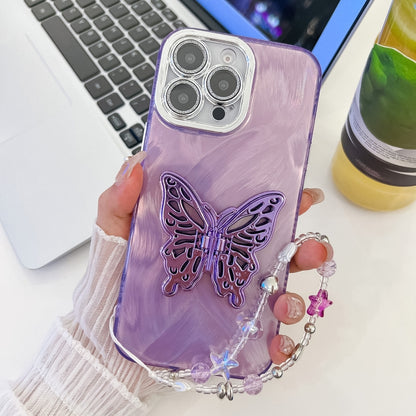 For iPhone 16 Pro Plating Glitter Lens Film Texture Butterfly Holder Wristband Phone Case(Purple Feather Yarn) - iPhone 16 Pro Cases by buy2fix | Online Shopping UK | buy2fix