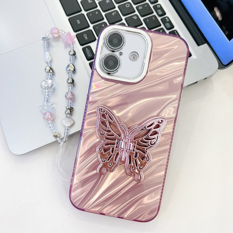 For iPhone 16 Plating Glitter Lens Film Texture Butterfly Holder Wristband Phone Case(Pink Water Ripples) - iPhone 16 Cases by buy2fix | Online Shopping UK | buy2fix