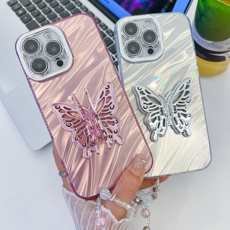 For iPhone 16 Pro Plating Glitter Lens Film Texture Butterfly Holder Wristband Phone Case(White Shell Pattern) - iPhone 16 Pro Cases by buy2fix | Online Shopping UK | buy2fix