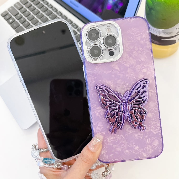 For iPhone 16 Pro Max Plating Glitter Lens Film Texture Butterfly Holder Wristband Phone Case(Pink Shell Pattern) - iPhone 16 Pro Max Cases by buy2fix | Online Shopping UK | buy2fix