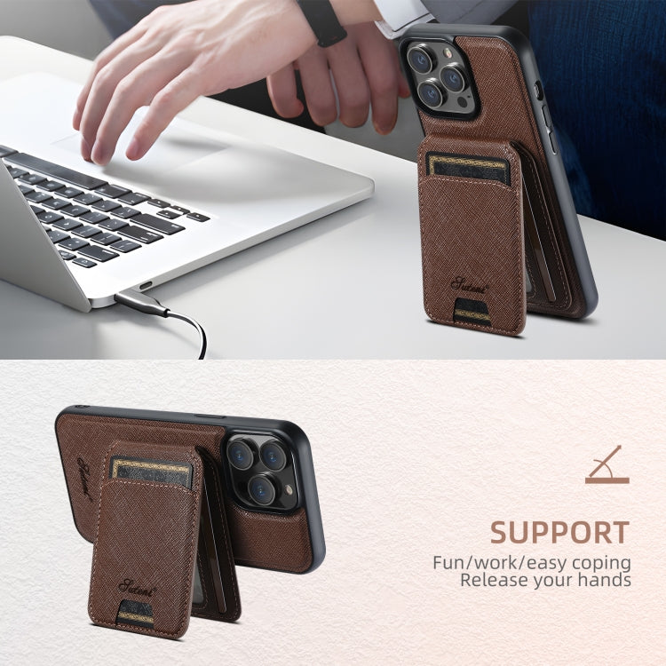 For iPhone 15 Pro Max Suteni H18 Cross Grain MagSafe Wallet Leather Phone Case(Brown) - iPhone 15 Pro Max Cases by Suteni | Online Shopping UK | buy2fix