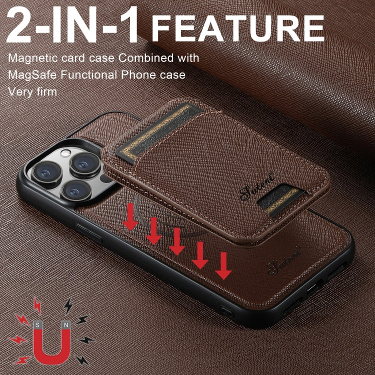 For iPhone 15 Pro Max Suteni H18 Cross Grain MagSafe Wallet Leather Phone Case(Brown) - iPhone 15 Pro Max Cases by Suteni | Online Shopping UK | buy2fix