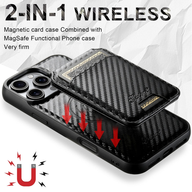 For iPhone 15 Suteni TXWH18 Carbon Fiber Texture Detachable Wallet MagSafe Phone Case(Black) - iPhone 15 Cases by Suteni | Online Shopping UK | buy2fix