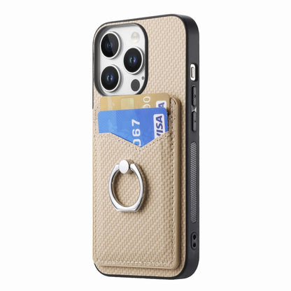 For iPhone 16 Pro Carbon Fiber Card Wallet Ring Phone Case(Khaki) - iPhone 16 Pro Cases by buy2fix | Online Shopping UK | buy2fix