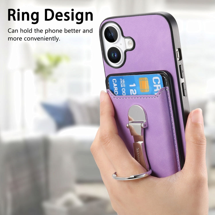 For iPhone 16 Retro Folding Ring Holder Card Bag MagSafe Phone Case(Purple) - iPhone 16 Cases by buy2fix | Online Shopping UK | buy2fix