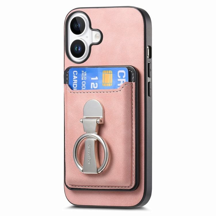 For iPhone 16 Plus Retro Folding Ring Holder Card Bag MagSafe Phone Case(Pink) - iPhone 16 Plus Cases by buy2fix | Online Shopping UK | buy2fix