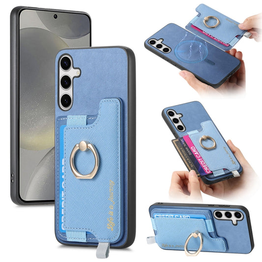 For Samsung Galaxy S25+ 5G Retro Cross Leather Ring Horizontal Insert Card Bag MagSafe Phone Case(Blue) - Galaxy S25+ 5G Cases by buy2fix | Online Shopping UK | buy2fix