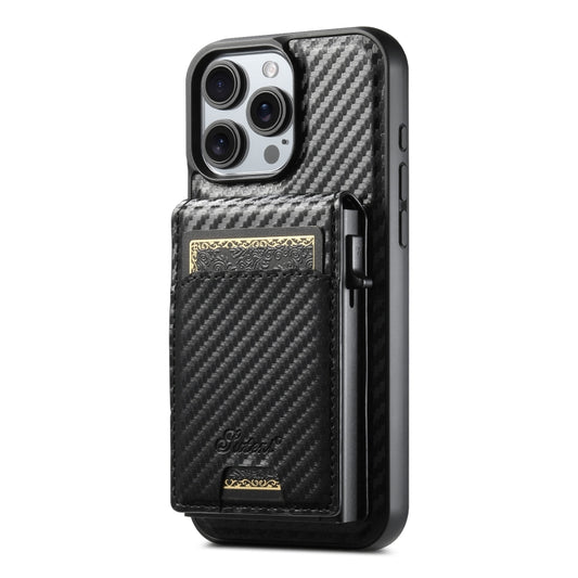 For iPhone 15 Pro Suteni H19 Carbon Fiber Grain 2-in-1 MagSafe Removable Card Box Back Phone Case(Black) - iPhone 15 Pro Cases by Suteni | Online Shopping UK | buy2fix