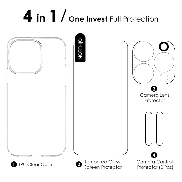 For iPhone 16 Pro Max NORTHJO 4 in 1 TPU Phone Case with Screen Film and Lens Film and Camera Control Button Cover(Clear) - iPhone 16 Pro Max Cases by NORTHJO | Online Shopping UK | buy2fix