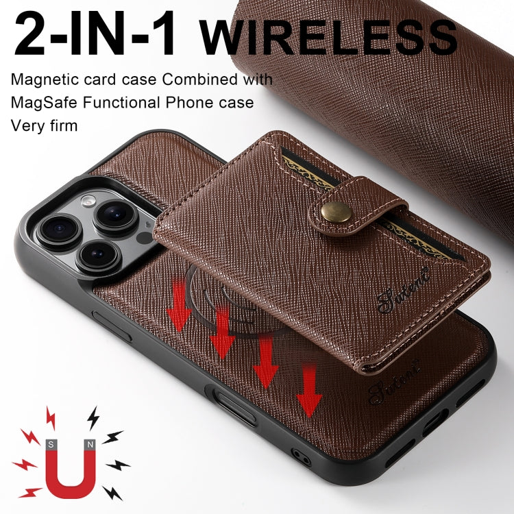 For iPhone 16 Plus Suteni H20 Cross-Grain MagSafe Horizontal Card Bag Back Phone Case(Brown) - iPhone 16 Plus Cases by Suteni | Online Shopping UK | buy2fix