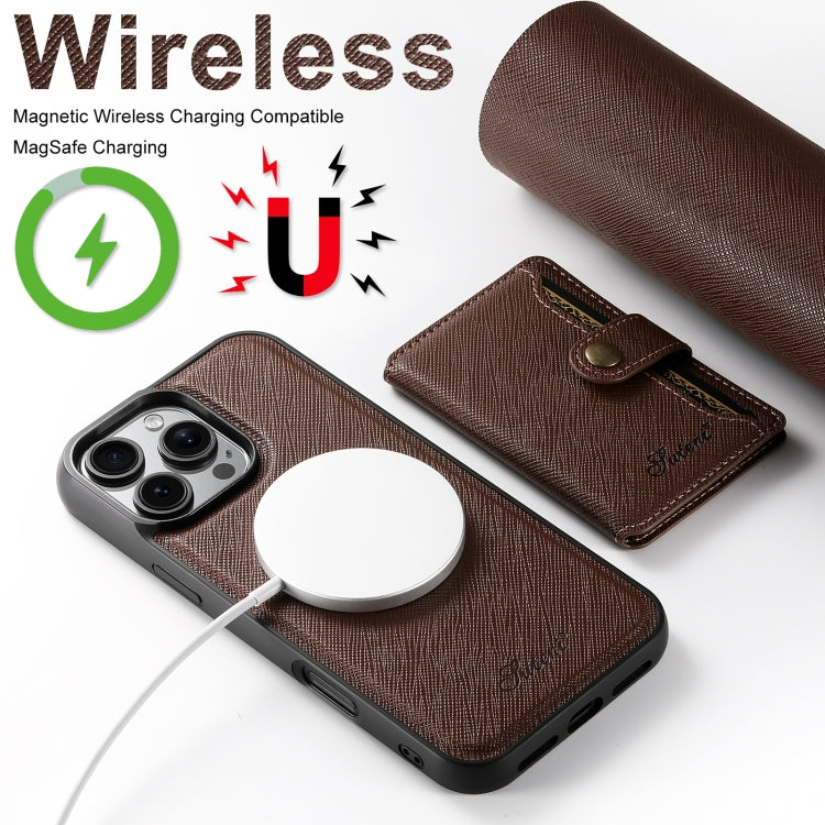 For iPhone 16 Suteni H20 Cross-Grain MagSafe Horizontal Card Bag Back Phone Case(Brown) - iPhone 16 Cases by Suteni | Online Shopping UK | buy2fix