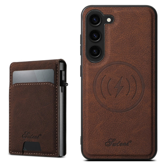 For Samsung Galaxy S23 5G Suteni H19 Litchi Texture 2-in-1 MagSafe Removable Card Case Back Phone Case(Brown) - Galaxy S23 5G Cases by Suteni | Online Shopping UK | buy2fix