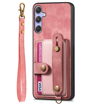 For Samsung Galaxy S25 5G Retro Cross Wristband Wallet Leather Back Phone Case(Pink) - Galaxy S25 5G Cases by buy2fix | Online Shopping UK | buy2fix