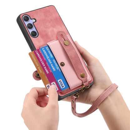 For Samsung Galaxy S25+ 5G Retro Cross Wristband Wallet Leather Back Phone Case(Pink) - Galaxy S25+ 5G Cases by buy2fix | Online Shopping UK | buy2fix