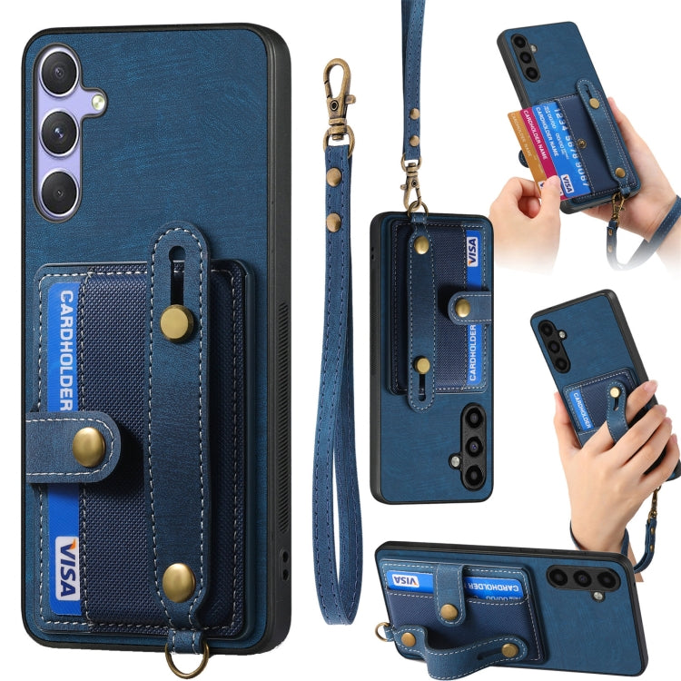 For Samsung Galaxy S25 Ultra 5G Retro Cross Wristband Wallet Leather Back Phone Case(Blue) - Galaxy S25 Ultra 5G Cases by buy2fix | Online Shopping UK | buy2fix