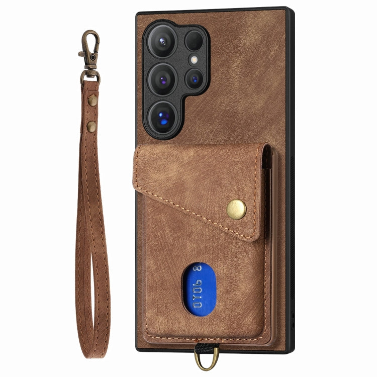 For Samsung Galaxy S25 Ultra 5G Retro Card Wallet Fold Leather Phone Case with Strap(Brown) - Galaxy S25 Ultra 5G Cases by buy2fix | Online Shopping UK | buy2fix