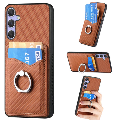 For Samsung Galaxy S25 5G Carbon Fiber Card Wallet Ring Phone Case(Brown) - Galaxy S25 5G Cases by buy2fix | Online Shopping UK | buy2fix