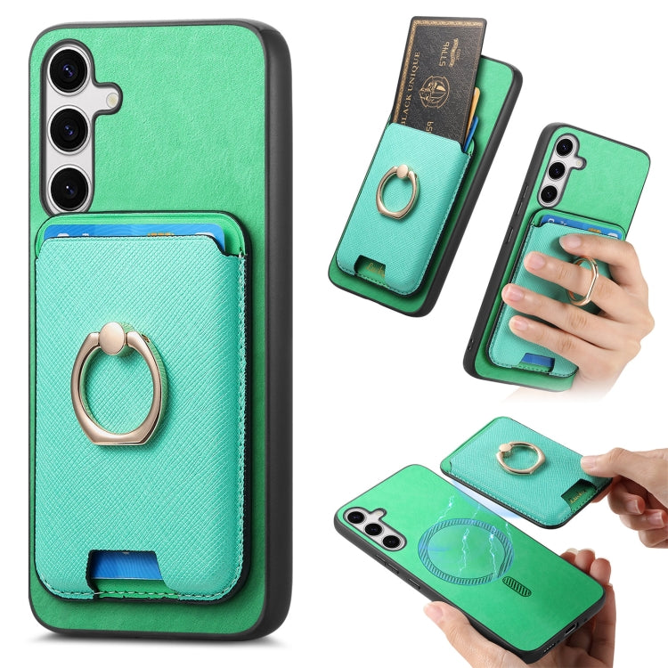 For Samsung Galaxy S25+ 5G Retro Cross Leather Ring Vertical Insert Card Bag MagSafe Phone Case(Green) - Galaxy S25+ 5G Cases by buy2fix | Online Shopping UK | buy2fix