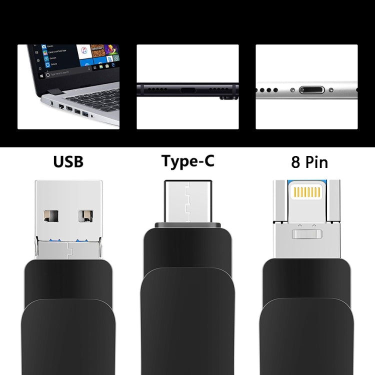 32GB USB 3.0 + 8 Pin + USB-C / Type-C 3 in 1 Mobile Computer Metal U-Disk(Black) - U Disk & Card Reader by buy2fix | Online Shopping UK | buy2fix