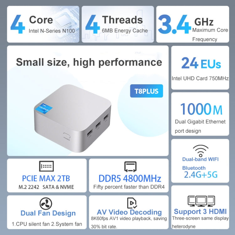 T8Plus Alder Lake-N100 4K Dual Band WIFI Bluetooth Office Game Portable Mini PC, Spec: 16G 1TB EU Plug - Windows Mini PCs by buy2fix | Online Shopping UK | buy2fix