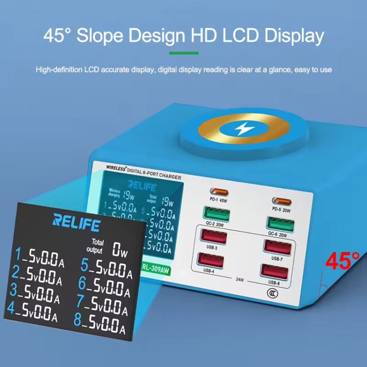 RELIFE RL-309AW  QC3.0 PD Fast Wireless Charger With LCD Display 8 Ports(EU Plug) - Multifunction Charger by RELIFE | Online Shopping UK | buy2fix