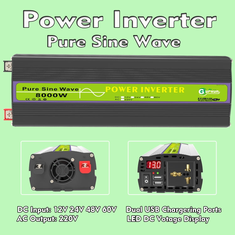 Gurxun 24V-220V 8000W Pure Sine Wave Inverter Car Single Digital Display Voltage Converter - Pure Sine Wave by Gurxun | Online Shopping UK | buy2fix