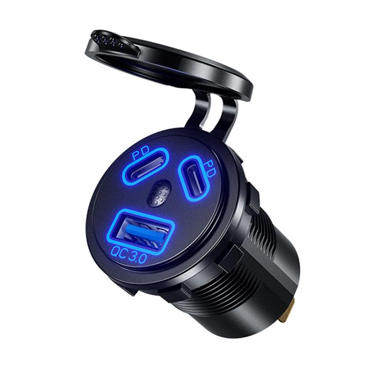 Kewig P22A 12-24V Vehicle Motorcycle Boat Modified Dual PD+QC3.0 3-Port Car Charger With Switch, Style: With Terminal(Blue Light) - Car Charger by Kewig | Online Shopping UK | buy2fix