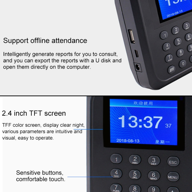 F01 Fingerprint Time Attendance Machine with 2.4 inch TFT Screen, EU Plug - Security by buy2fix | Online Shopping UK | buy2fix