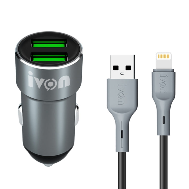 IVON CC38 2.4A Dual USB Car Charger + 1m USB to 8 Pin Fast Charge Data Cable Set - In Car by IVON | Online Shopping UK | buy2fix