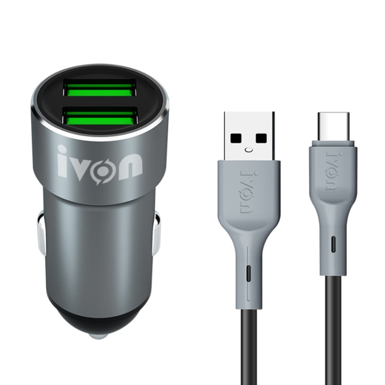 IVON CC38 2.4A Dual USB Car Charger + 1m USB to USB-C / Type-C Fast Charge Data Cable Set - Car Charger by IVON | Online Shopping UK | buy2fix