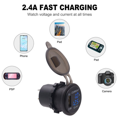 Universal Car Single Port USB Charger Power Outlet Adapter 2.4A 5V IP66 with LED Digital Voltmeter + Ammeter + 60cm Cable(Blue Light) - Car Charger by buy2fix | Online Shopping UK | buy2fix