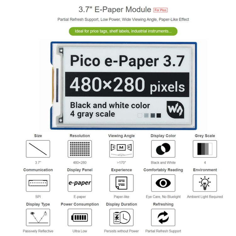 Waveshare 3.7 inch 480x280 Pixel E-Paper E-Ink Display Module for Raspberry Pi Pico, 4 Grayscale, SPI Interface - Modules Expansions Accessories by WAVESHARE | Online Shopping UK | buy2fix