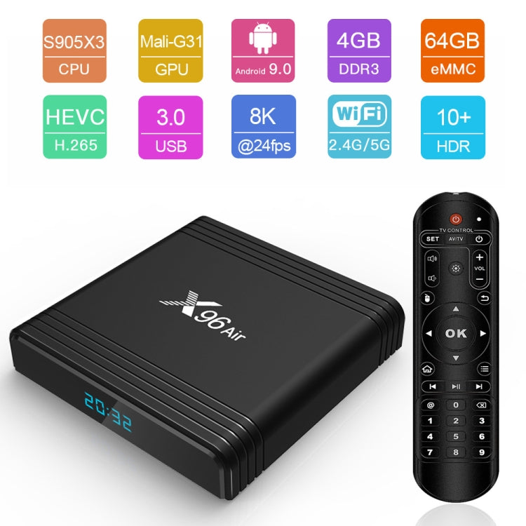 X96 Air 8K Smart TV BOX Android 9.0 Media Player with Remote Control, Quad-core Amlogic S905X3, RAM: 4GB, ROM: 32GB, Dual Band WiFi, Bluetooth, EU Plug - Consumer Electronics by buy2fix | Online Shopping UK | buy2fix