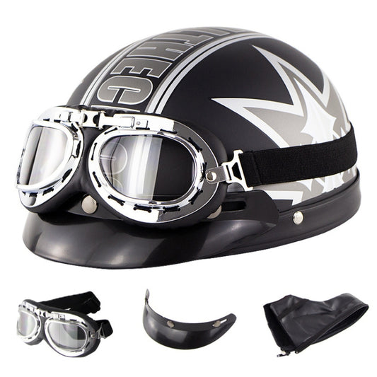 Soman Electromobile Motorcycle Half Face Helmet Retro Harley Helmet with Goggles(Matte Black Maple Leaf) -  by SOMAN | Online Shopping UK | buy2fix