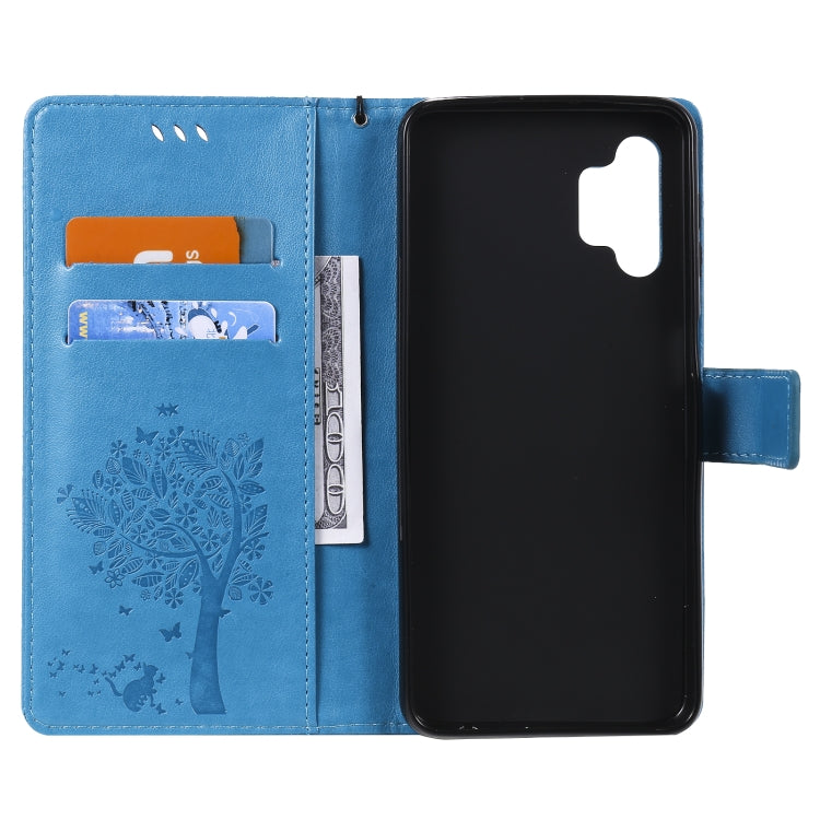 For Samsung Galaxy A32 5G Tree & Cat Pattern Pressed Printing Horizontal Flip PU Leather Case with Holder & Card Slots & Wallet & Lanyard(Blue) - Galaxy Phone Cases by imak | Online Shopping UK | buy2fix