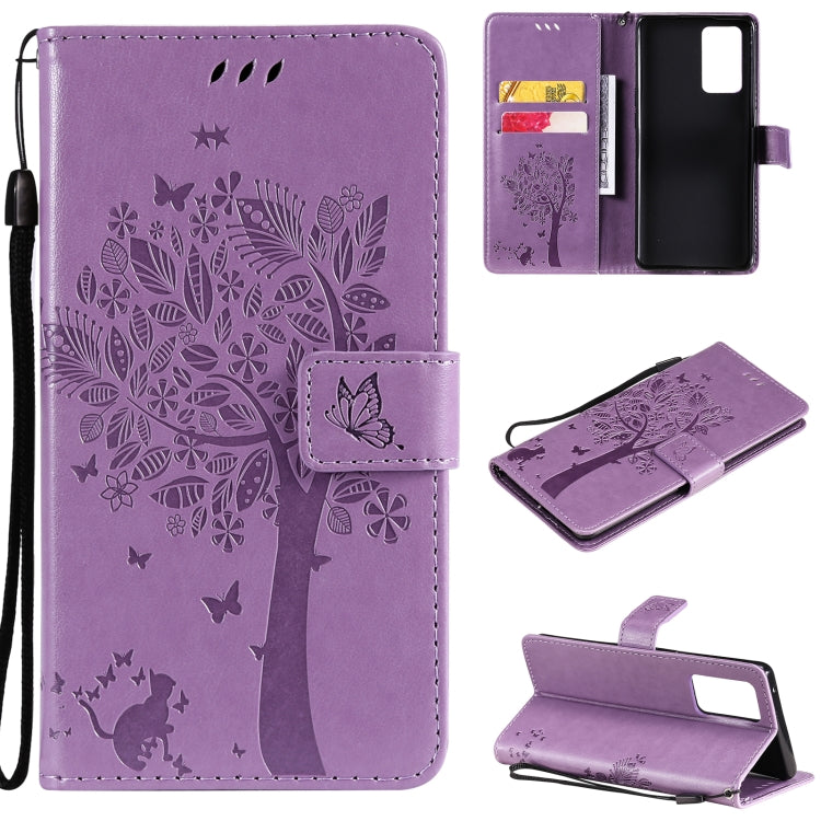 For OPPO Reno6 Pro 5G Tree & Cat Pattern Pressed Printing Horizontal Flip PU Leather Case with Holder & Card Slots & Wallet & Lanyard(Light Purple) - OPPO Cases by buy2fix | Online Shopping UK | buy2fix