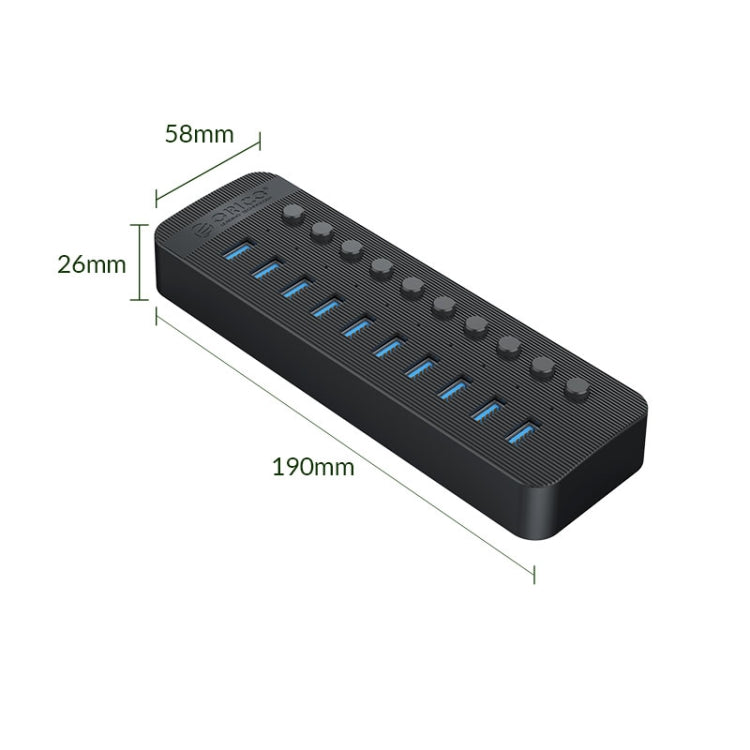 ORICO CT2U3-10AB-BK 10 In 1 Plastic Stripes Multi-Port USB HUB with Individual Switches, EU Plug(Black) - USB 3.0 HUB by ORICO | Online Shopping UK | buy2fix