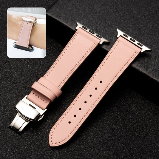 Butterfly Clasp  Top Layer Cowhide Leather Strap Watch Band For Apple Watch Series 8&7 41mm / SE 2&6&SE&5&4 40mm / 3&2&1 38mm(Pink) - Watch Bands by buy2fix | Online Shopping UK | buy2fix