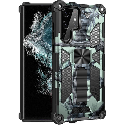 For Samsung Galaxy S22 Ultra 5G Camouflage Armor Shockproof TPU + PC Magnetic Protective Phone Case with Holder(Mint Green) - Samsung Accessories by buy2fix | Online Shopping UK | buy2fix